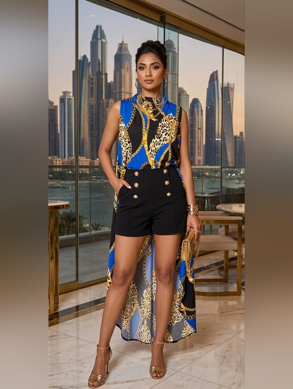 miami Chain & Leopard High-Low Dress in Blue, Black & Gold